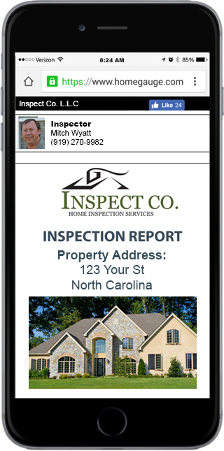 Smartphone showing a Inspect Co. sample home inspection report