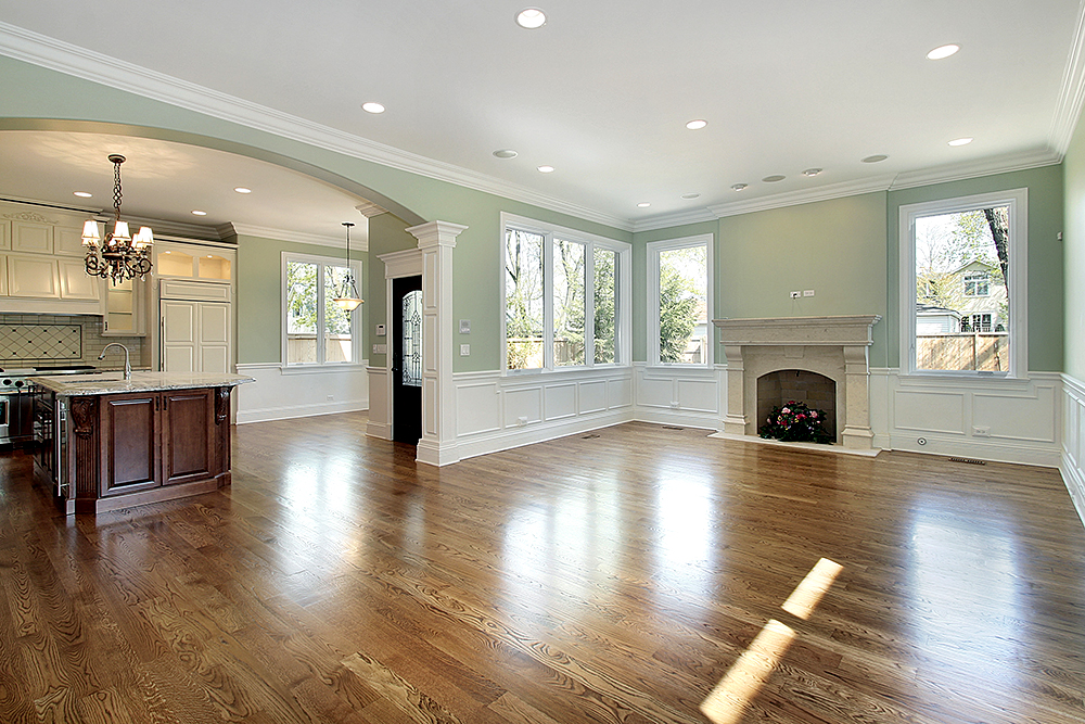 Family room in new construction home with ktichen view