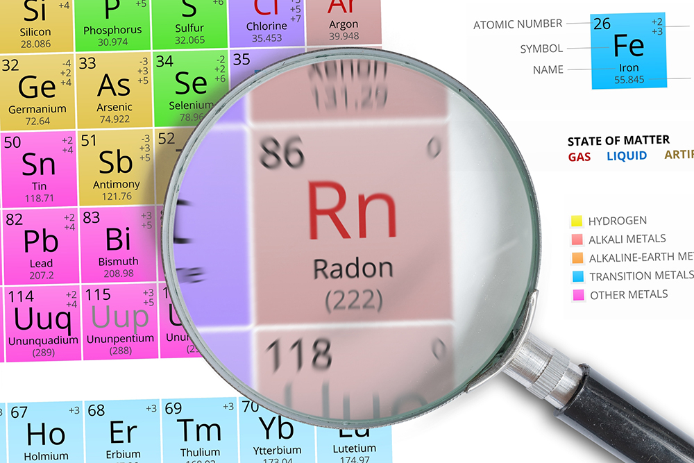 Radon - Element of Mendeleev Periodic table magnified with magnifying glass